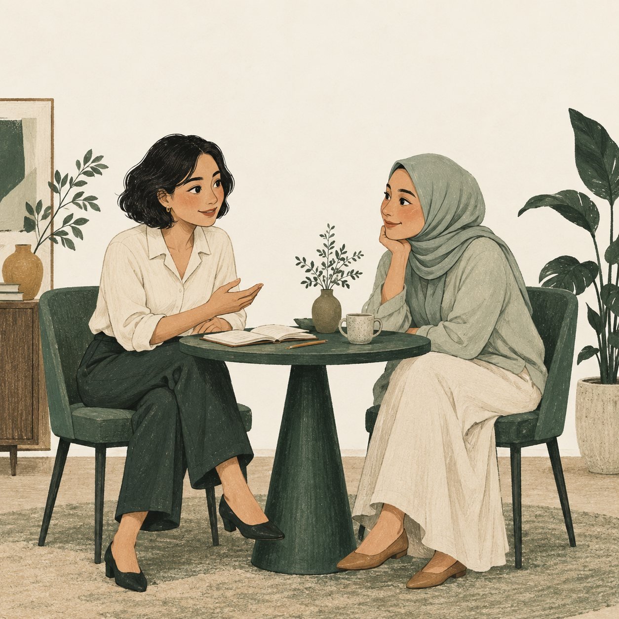 Ilustrasi percakapan konsultasi personal di meja bersama.