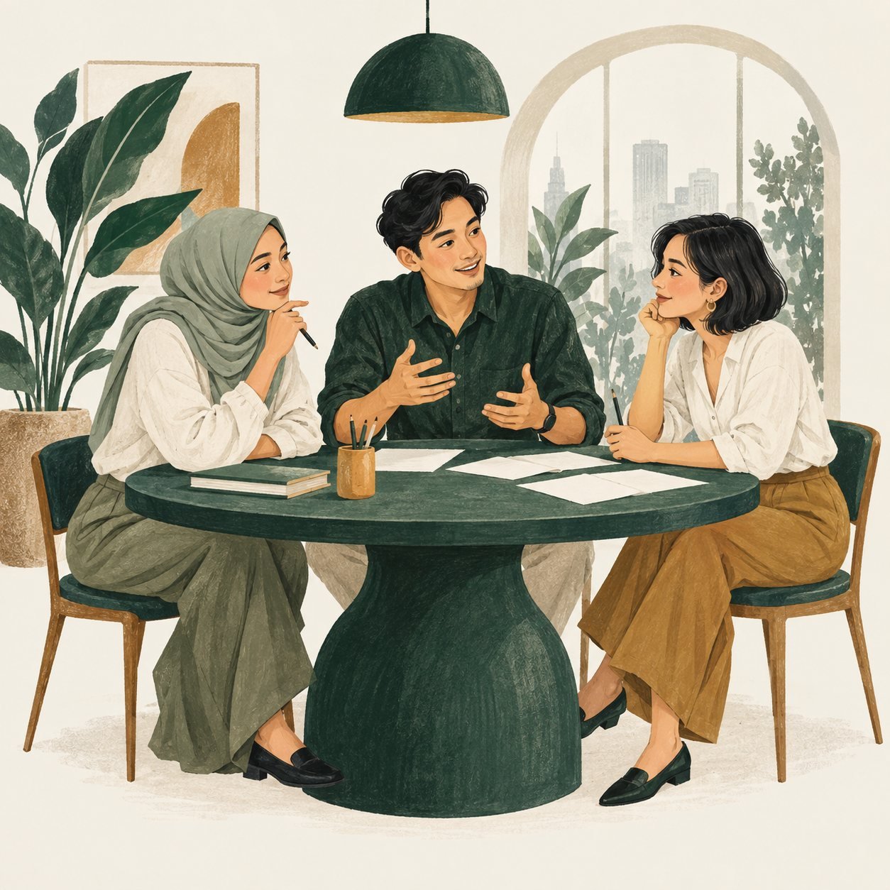 Ilustrasi tiga rekan berdiskusi tentang perencanaan keuangan.